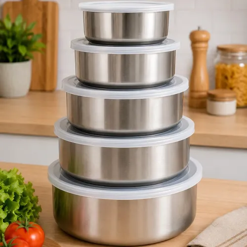 Jogo 5 Tigelas Inox Bowls Potes Tampa Plástica Cozinha