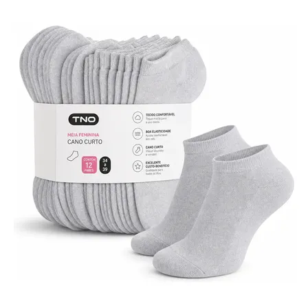 Kit 12 Pares Meia Feminina Básica Cano Curto Macia Dia A Dia Cinza M 34/39
