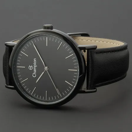 Relogio Masculino Preto Champion Clássico Couro Fundo Preto Preto