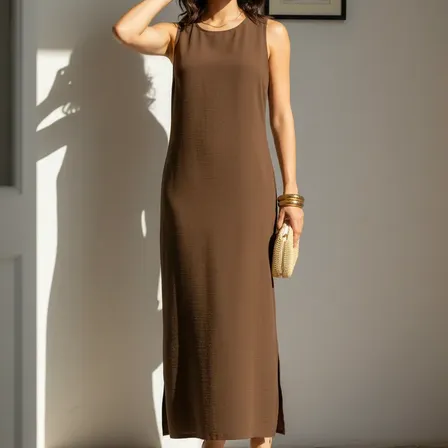 Vestido Longo Fenda Feminino Cavado Marrom G 42/44