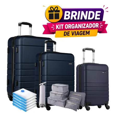 Kit Com 3 Malas Viagem Bordo 10kg Média 23kg Grande 32kg Top Azul Conjunto 3 Malas De Viagem Bordo Com Rodas Removíveis