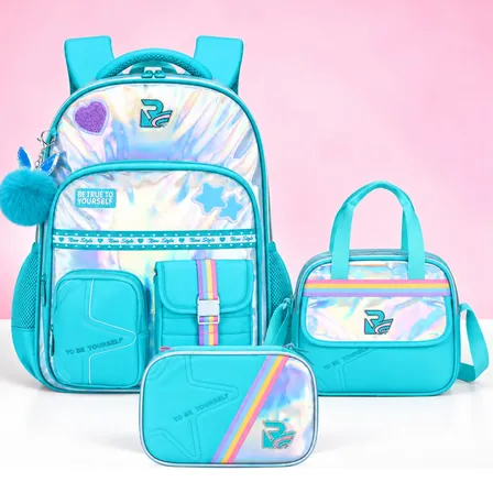 Kit Mochila Escolar Holográfica 3 Peças Lancheira Estojo Verde Metalizado