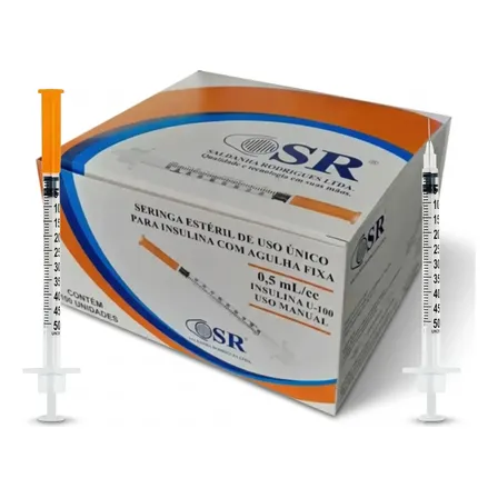 Seringa Insulina 50ui Agulha 6mmx25mm Fixa 0,5ml 10 Unidades 5 Ml