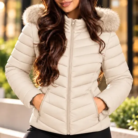 Jaqueta Blusa Feminina Puffer Forrada Impermeável Inverno Bege M Acolchoado