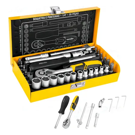 Jogo Soquete Kit Maleta Ferramentas Chave Catraca Completa Amarelo E Preto