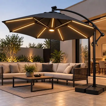 Ombrelone 3m Led Guarda Sol De Praia Jardim Lateral Com Base Preto Lisa