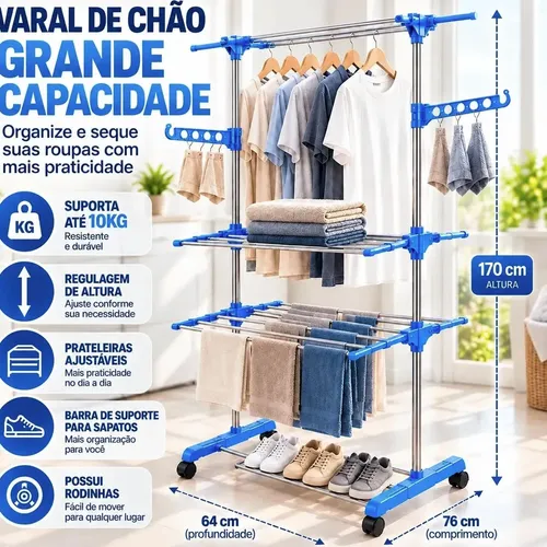 Varal De Chao Vertical 3 Andares Dobrável Grande Com Rodinha Única