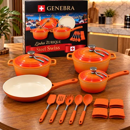Jogo Panelas Genebra Cerâmica Antiaderente 16 Peças Indução Laranja