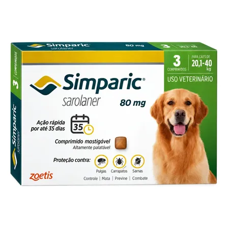 Simparic 80mg 3 Comprimidos Antipulgas Cães De 20,1kg A 40kg Branco