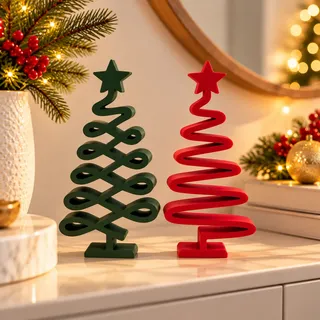 Kit 2 Árvores De Natal Decorativas Moderna Mesa Sala Rack Vermelho E Verde