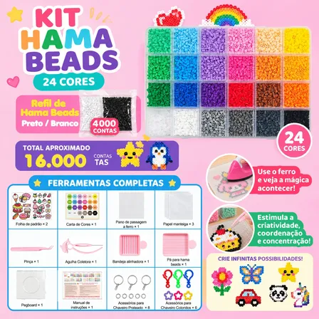 Kit Hama Beads 2,6mm 16.000 Peças 24 Cores Pegboard E Pinças Cor 1