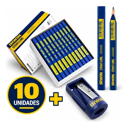 Kit 10 Lápis Carpinteiro 18cm Irwin Strait-line + Apontador 0