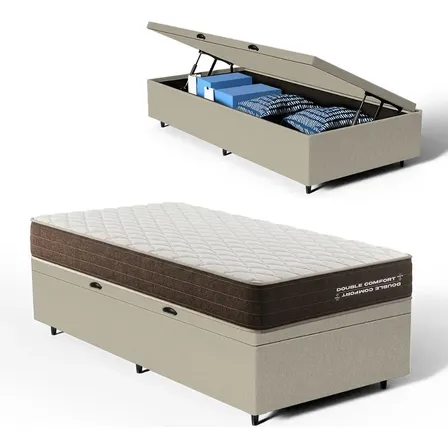 Cama Box Baú Solteiro Com Colchão Espuma D33 Double Comfort Bege