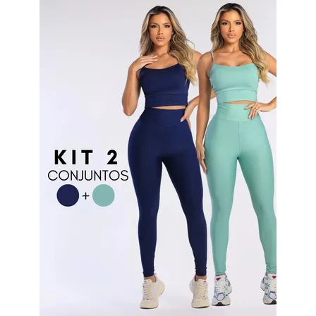 Combo 2 Roupas Academia Feminina Top E Legging Blackout Azul Marinho E Verde Claro Gg