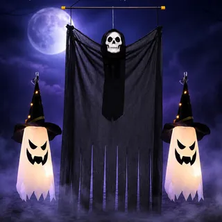Kit Caveira Fantasma Led Pendurar Halloween 3 Peca Decoracao Roxo E Preto Bruxa Halloween Caveira Fantasma