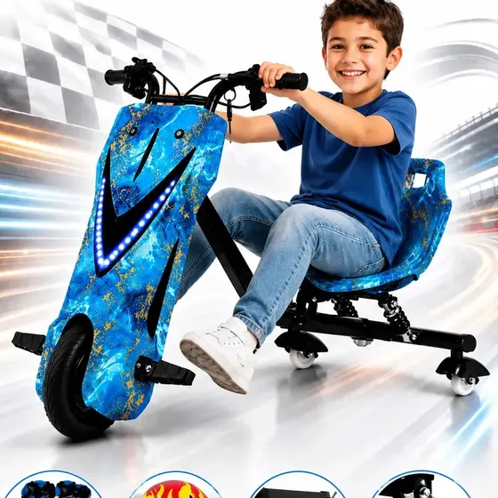 Triciclo Elétrico Infantil Drift 350w 36v Led Rgb + Brinde Azul Ouro