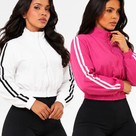 Kit 2 Jaqueta Corta Vento Feminina Fitness Listras Laterais Branco E Rosa Pink 36 - 42 Liso