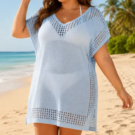 Saída De Praia Plus Size Grande Tricot Curta Vestido Croche Azul Bebe Gg