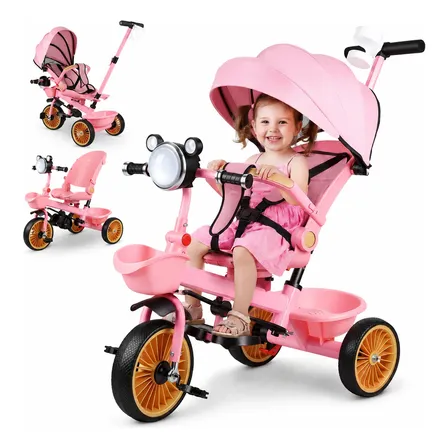 Triciclo Infantil Cavalo 9 Em 1 Empurrador Giratório 360° Rosa