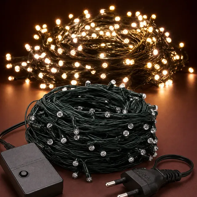 Cordão 200 Leds Pisca 20 Metros 8 Funções V8 Natal Fio Verde Branco Quente 127v
