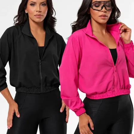 Kit2 Jaqueta Corta Vento Feminina Fitness Esportiva Academia Preto-rosa Pink 36 - 42 Liso