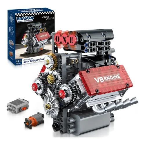 Brastoy Bloco De Montar Motor V8 Funcional 487peças Técnicas 478 Motor V-8