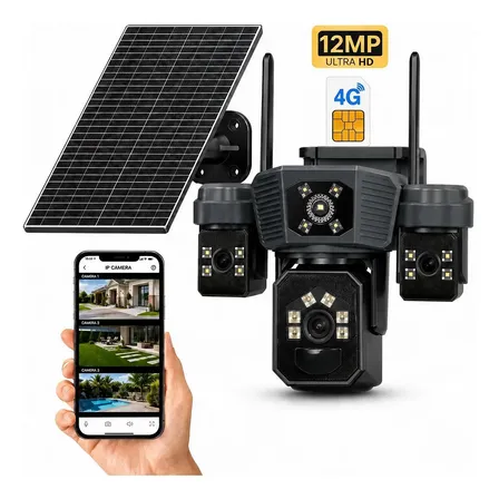 Câmera Segurança Solar 3 Lentes 360° 4g/5g Chip Ip66 Ptz Preto