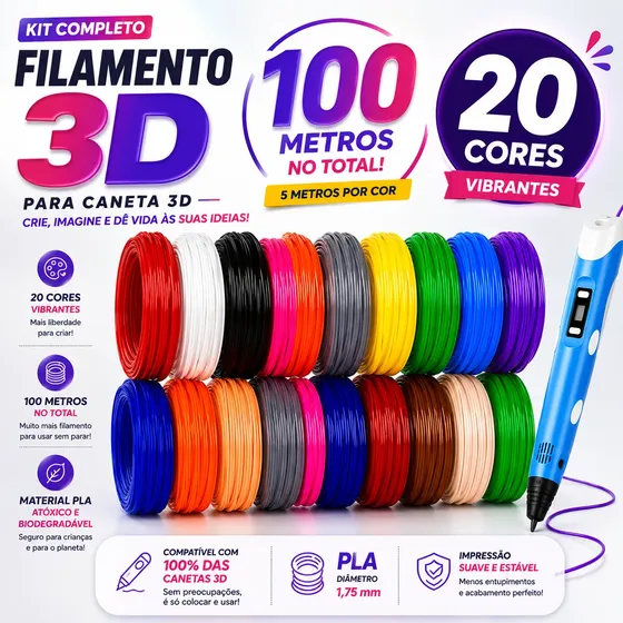 Refil Filamento Pla Kit 20 Cores 100m Caneta Impressora 3d