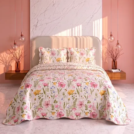 Colcha Cobre Leito Floral Leve Verão Dupla Face Kit 3 Peças