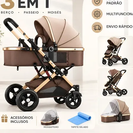 Carrinho De Bebê 3 Em 1 Reclinável Berço Preto Dourado Marrom