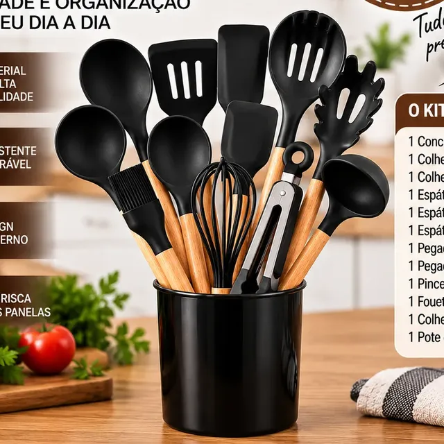 Kit Cozinha De Silicone 12 Peças Cabo De Madeira Preto