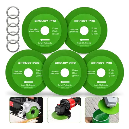 Kit 5 Discos Corte Diamantado Para Vidro Porcelanato 100mm Verde