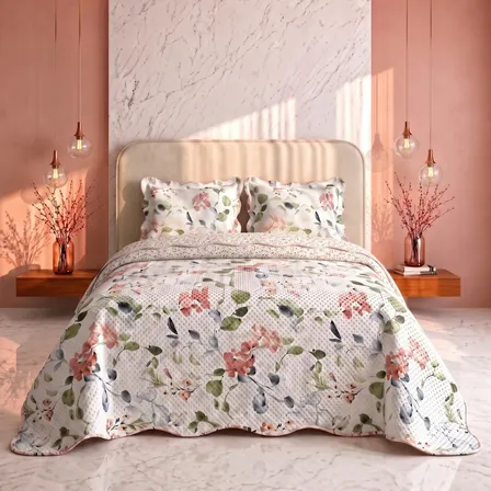Colcha Cobre Leito Floral Leve Verão Dupla Face Kit 3 Peças Camélia