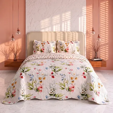 Colcha Cobre Leito Floral Leve Verão Dupla Face Kit 3 Peças Azaléia