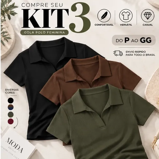 Kit 3 Blusa Feminina Gola Polo Canelada Básica Casual Lisa Preto, Marrom E Verde Liso P/m (36/42)