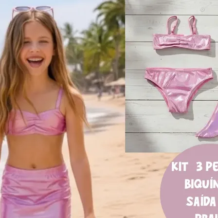 Kit 3 Pçs Biquíni Infantil + Saída Praia Cauda Sereia Brilho Rosa Brilho 10