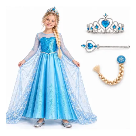 Fantasia Vestido Infantil Princesa Com Capa E Acessórios Azul Gg 9 A 10 Anos