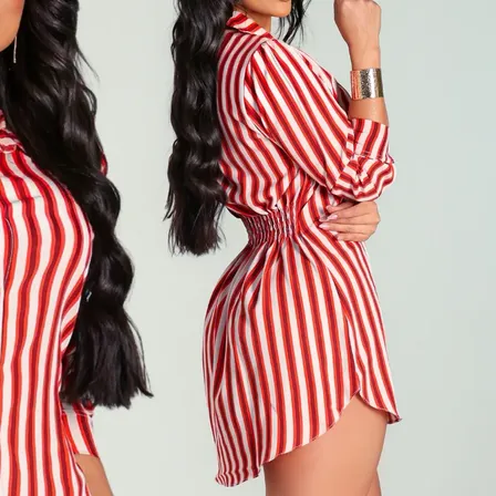Chemise Camisão Feminino Manga Longa Vestido Confortável Listrado Vermelho P