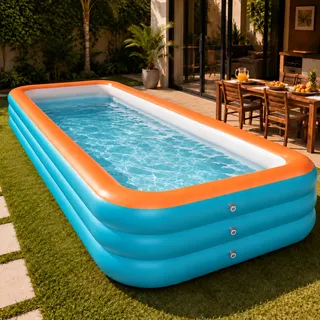 Piscina Inflável Retangular 3,85m 3 Câmaras De Ar Independen Azul-turquesa