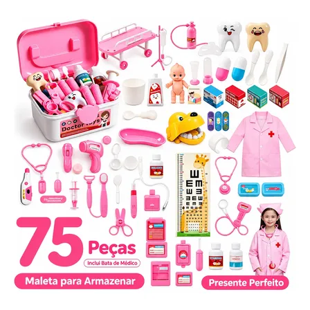 Kit Médico Maleta Doutora Brinquedo Infantil Menina 75pcs Rosa