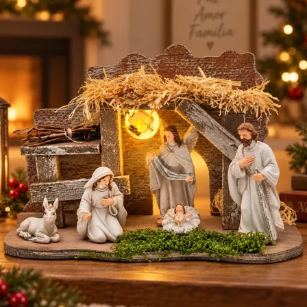Presépio De Natal 25cm Decoração Natalina Em Resina Com Led