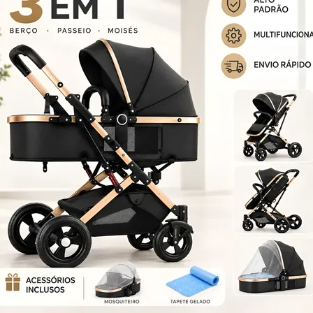 Carrinho De Bebê 3 Em 1 Reclinável Berço Preto Dourado Preto