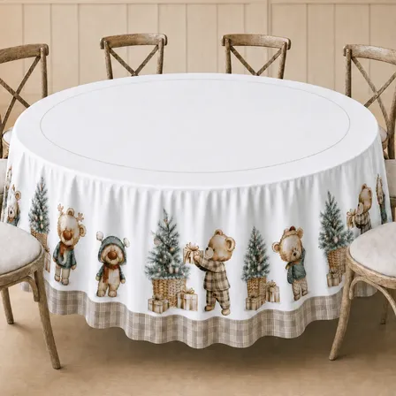 Toalha Natal 8 Lugares Redonda 220x220m Mesa Posta Ceia Estampa Urso Natal