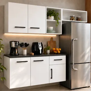 Armário De Cozinha Completa 5 Portas 1 Gaveta Nichos Branco/preto