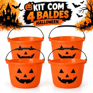 Balde Halloween Cabeça Abóbora Kit 4 P/doces Decoração