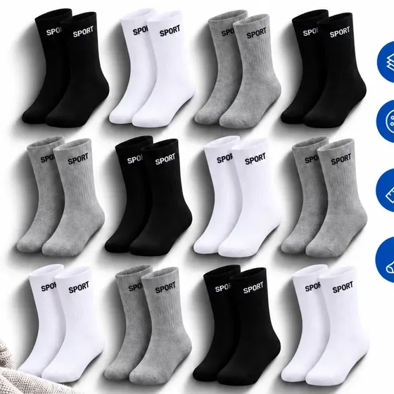 12 Pares De Meias Masculinas Cano Alto Grossa Algodão Oferta