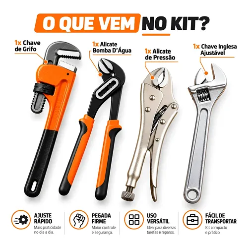 Kit 4 Chave Inglesa Alicate Bomba Grifo Alicate Pressão Jogo Laranja E Preto Processo De Têmpera