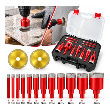 Kit Broca Serra Copo Diamantada 12 Pçs 6 A 35mm 2 Discos