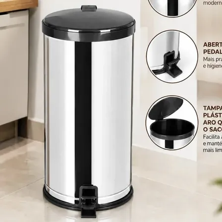 Lixeira Inox 20l Pedal Tampa Antiodor Cozinha Banheiro Preta Preta