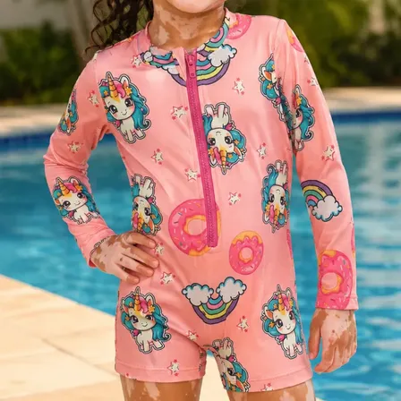 Macaquinho Maiô Infantil Body Com Proteção Uv50 Natação Rosê Unicórnio 6